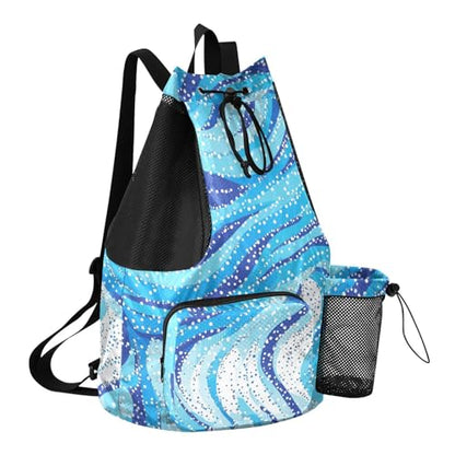 Drawstring Climbing Gym Bag With Water Bottle Holder Drawstring Gym Bags with Wet Dry Compartments Abstract Blue Water Wave Dots