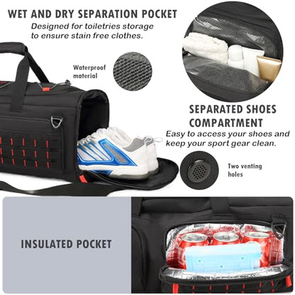 50L Tactical Gym Bag for Men and Women with Shoe & Laptop Compartment | Extra Large Duffle Bag, 3-in-1 Travel Sports Duffel Bags MOLLE Weekender Overnight Bag for Gym, Travel, Black+Red - color: Black+Red