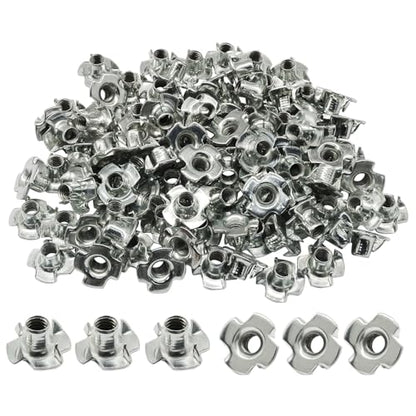 1/4"-20 T-Nuts, 100 Pack, 4 Pronged, Zinc-Plated Steel | 5/16" Barrel, Threaded Insert, For Wood, Rock Climbing Holds, Cabinetry, Furniture