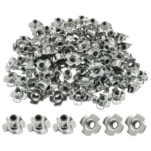 1/4"-20 T-Nuts, 100 Pack, 4 Pronged, Zinc-Plated Steel | 5/16" Barrel, Threaded Insert, For Wood, Rock Climbing Holds, Cabinetry, Furniture