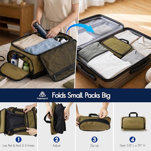 Haimont 60L Foldable Travel Duffel Backpack, Brown | Shoe Compartment, Stowable Straps, U-Shaped Opening, Water-Resistant Build - color: Brown