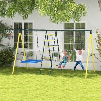 Outsunny 440 lbs Swing Set for Backyard, 5 in 1 Heavy-Duty A-Frame Stand Outdoor Playset for Kids, with Saucer Swing, Slide, Swing Seats, Gym Rings, Basketball Hoop, Climbing Steps and Net