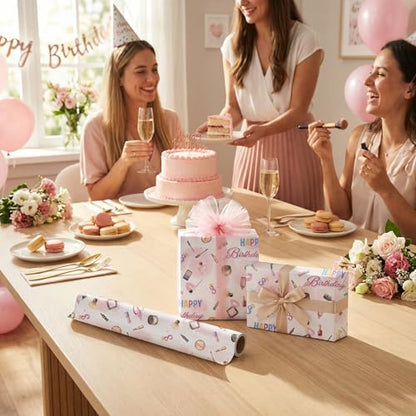 Liobelon Threenager Birthday Wrapping Paper Roll – 17" x 16.5 Ft Girl Gift Wrap with Watercolor Cosmetics & Lip Print Design, Teen Girl Party Supplies for 3rd Birthday, Daughter Sister Gift Wrap - color: Threenager