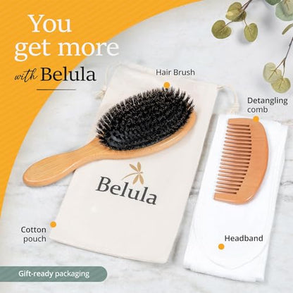 Belula 100% Boar Bristle Hair Brush Set (Medium). Soft Natural Bristles for Thin and Fine Hair. Restore Shine And Texture. Wooden Comb, Travel Bag and Spa Headband Included! - size: Medium