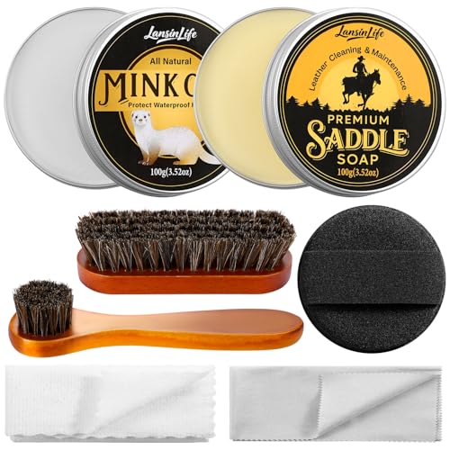 Leather Boot Care Kit, 7-in-1 Saddle Soap & Mink Oil for Leather Cleaning & Polish with 2 Horsehair Brush, Polishing Cloth, Microfiber Cloth, Leather Cleaner and Conditioner for Boots, Shoes, Couch