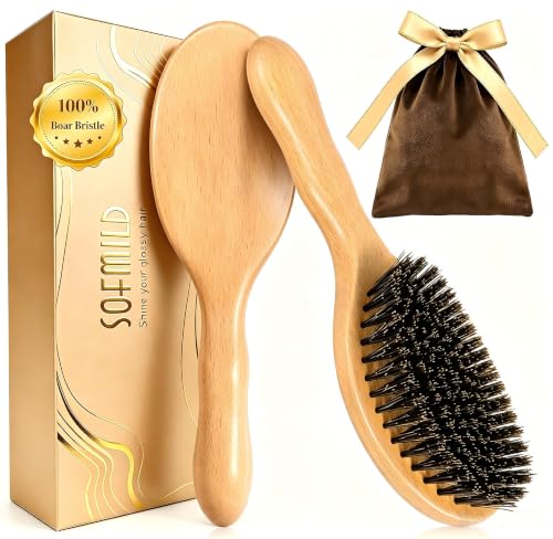 100% Boar Bristle Hair Brush for Thin Fine Hair, Shine & Frizz Control | Handmade Wooden Slick Back Brush Gently Smooth Polish Dry Damaged Hair for Women & Men, Minimize Flyaways, Reduce Breakage