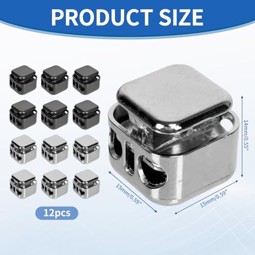 12 Pcs Cord Locks for Drawstrings, Double Hole Metal Cord Lock End Stopper Fastener Slider Toggles Draw String Clips for Lanyard Paracord Drawstrings