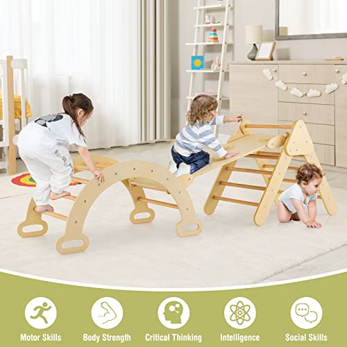 Costzon Climbing Toys for Toddlers, 5 in 1 Foldable Montessori Wooden Arch Climber Ladder with Sliding Ramp, Multi-Combination Methods, Kids Triangle Climber Play Gym Set for Boys Girls Present - style: 5 in 1 Arch Climber Ladder, Natural