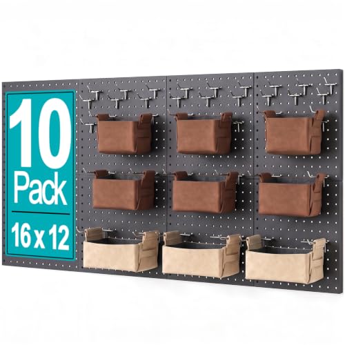 PBHEPJ Peg Board, 10 Pack Metal Pegboard Panels with 76 Pcs Hooks and Baskets, Heavy Duty Peg Board Wall Organizer for Walls Home, Garage Tool Storage, Office Organization, Black
