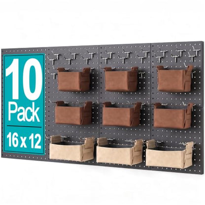 PBHEPJ Peg Board, 10 Pack Metal Pegboard Panels with 76 Pcs Hooks and Baskets, Heavy Duty Peg Board Wall Organizer for Walls Home, Garage Tool Storage, Office Organization, Black