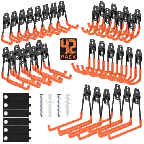 Garage Hooks, Anti-Slip Heavy Duty Wall Mount Hooks, 42-Pack | Hanging Storage for Bikes, Ladders, Hoses, Ropes, Garden Tools - For Warehouse, Workshop, Shed, Shop, Yard - color: 42 Pack Orange