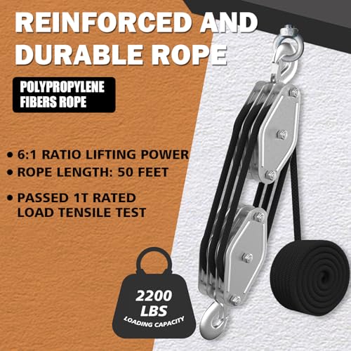 YATOINTO Rope Pulley Hoist with Bearing, 2200 LB Pulley Block and Tackle System 6:1 Power, Pulley Block 1100LB Loading Capacity, 50ft Heavy Duty Rope Hoist for Hunting Garage Warehouse Constructions - color: black, size: UPGRADED-3wheels