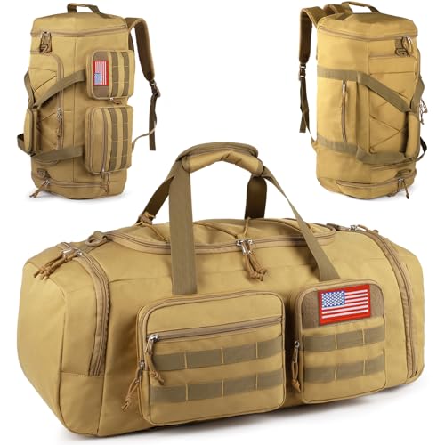 Tactical Gym Bag for Men,50L Large 3-in-1 Sports Duffle Bag for Travel Gym | Water Resistant ,Adjustable Shoulder Strap,MOLLE Weekender Overnight Bag with Shoes Compartment,Gym Backpack for Gym,Travel - color: Brown, size: Medium