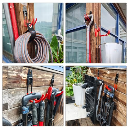 3-H Garage Wall Hooks 14 Pack,Garage Hooks Heavy Duty with Extra Welding Spots,Garage Hooks for Hanging,Garage Organizer for Garden,Lawn,Yard Tools,Chairs,Ladders,WeedEater,Shovel,Blower(Red) | Multi-Purpose Garage Hooks to Organize Garden Lawn Tools, Spo