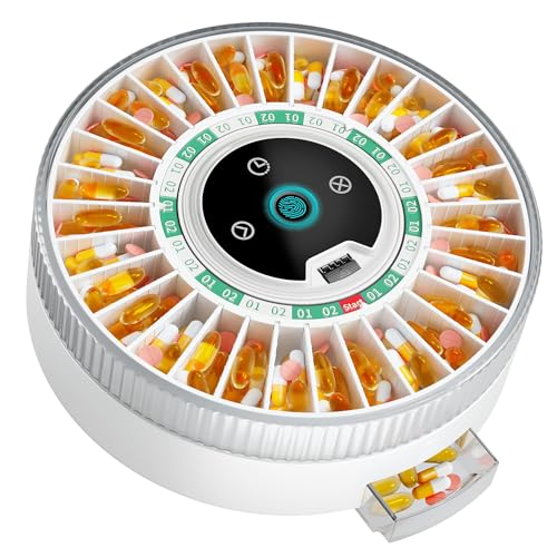 PillCalendar Bluetooth Automatic Pill Dispenser for Elderly with Alarm, Smart Pill Dispenser with 31-Slot, Fingerprint& Mechanical Dual Lock Medication Dispenser, Timed Dispenser Machine (Green)
