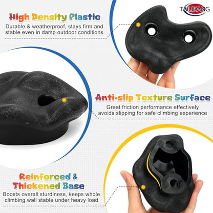 Rock Climbing Holds, 20 Pack Black Wall Climbing Rocks Adult Outdoor Indoor | 3-Shapes Large Wall Climbing Holds Grips, Workout Climb Training Pegs Accessories for Climbing Frames, Tree Houses, Playroom