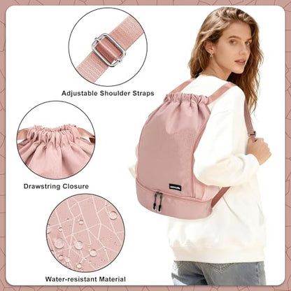 HOLYLUCK Drawstring Backpack with Shoe Compartment, Gym Bag Backpack for Women Men, Cinch Swim Beach Bag String Sports Bag for Soccer and Basketball, Pink - color: Pink