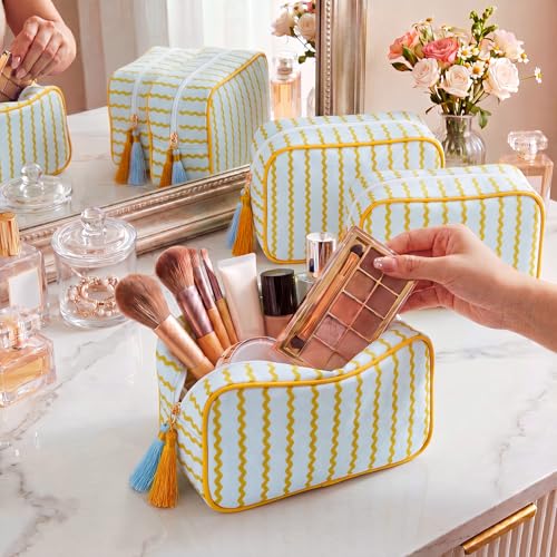 Kacctyen 6 Pack Mustard Yellow and Sage Green Striped Makeup Bag bulk with Tassel Travel Cosmetic Pouch Organizer Large Zipper Toiletry Case for Women Aesthetic Storage Pouch Mahjong Tile Bag - color: Mustard Yellow and Sage Green
