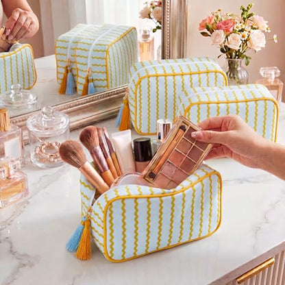 Kacctyen 6 Pack Mustard Yellow and Sage Green Striped Makeup Bag bulk with Tassel Travel Cosmetic Pouch Organizer Large Zipper Toiletry Case for Women Aesthetic Storage Pouch Mahjong Tile Bag - color: Mustard Yellow and Sage Green
