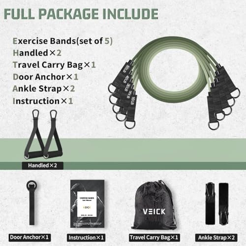 VEICK Resistance Bands with Handles, Ankle Straps, Door Anchor | Accredited Lab Certified, 100% Natural Latex, Cushioned Handles, Versatile for Yoga, Pilates, Strength, Home Gym - color: Green 150LBS