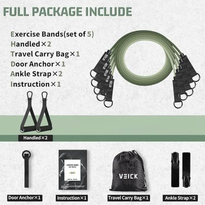 VEICK Resistance Bands with Handles, Ankle Straps, Door Anchor | Accredited Lab Certified, 100% Natural Latex, Cushioned Handles, Versatile for Yoga, Pilates, Strength, Home Gym - color: Green 150LBS