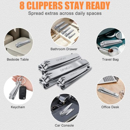 DRMODE Finger Nail Clippers Adult - 8 Pack Nail Clippers Bulk for Men Women Sharp Travel Toenail Clippers and Fingernail Clipper Set Curved Cutter Trimmer with Nail File - style: 8 Pack -Silver