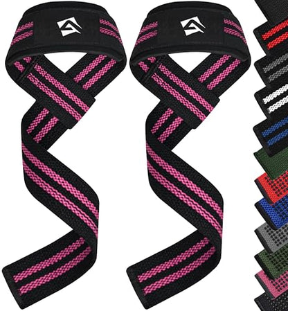 AQF Weight Lifting Straps, Padded Cotton Gym Wrist Straps for Deadlifts | 23" Extra-Long, Heavy-Duty Webbing, 5mm Neoprene Cushioning, Open-Loop Design, Sold as Pair, Ideal for Rows & Pull Workout - color: Black & Pink