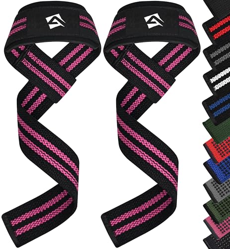 AQF Weight Lifting Straps, Padded Cotton Gym Wrist Straps for Deadlifts | 23" Extra-Long, Heavy-Duty Webbing, 5mm Neoprene Cushioning, Open-Loop Design, Sold as Pair, Ideal for Rows & Pull Workout - color: Black & Pink