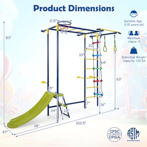 Costzon 7-in-1 Indoor Jungle Gym for Toddlers | Indoor Kids Gym for Exercise, Pull-up Bar, Rope, Gymnastic Rings, Solid Wall Set up, Climber Toys Boys Girls Gift - style: 7-in-1 Climbing Toys with Slide