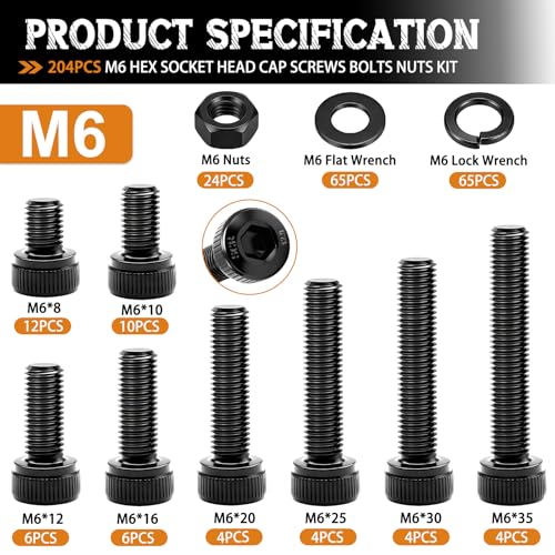 mankk 204PCS M6 Screws Kit M6 x 8/10/12/16/20/25/30/35mm Hex Socket Head Cap Bolts Nuts & Washers Assortment Kit 12.9 Grade Alloy Steel Machine Screws - size: M6, style: Hex Socket Cap