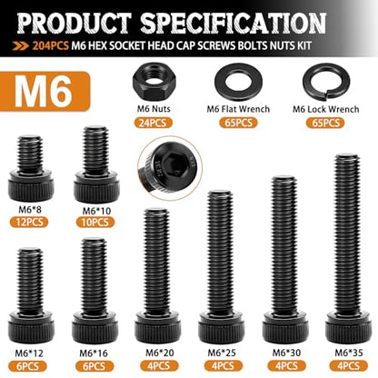 mankk 204PCS M6 Screws Kit M6 x 8/10/12/16/20/25/30/35mm Hex Socket Head Cap Bolts Nuts & Washers Assortment Kit 12.9 Grade Alloy Steel Machine Screws - size: M6, style: Hex Socket Cap