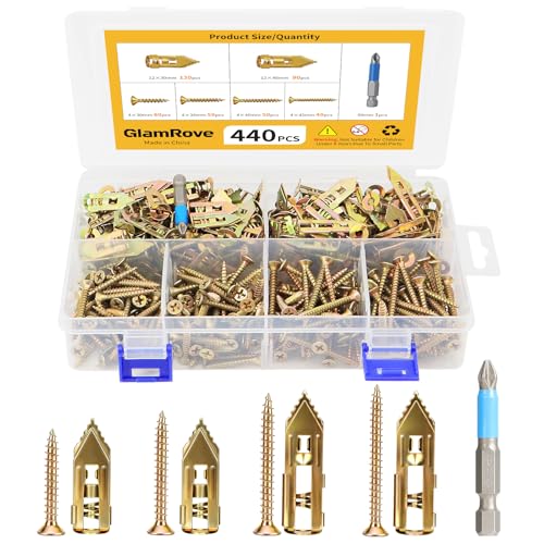 440PCS Self Drilling Drywall Anchors with Screws Kit – Heavy Duty Metal Anchors & Expansion Screws, No Pre-Drilling, Holds 66lbs, Includes Box & Drill Bit – for TV, Shelf, Mirror, Picture Frame