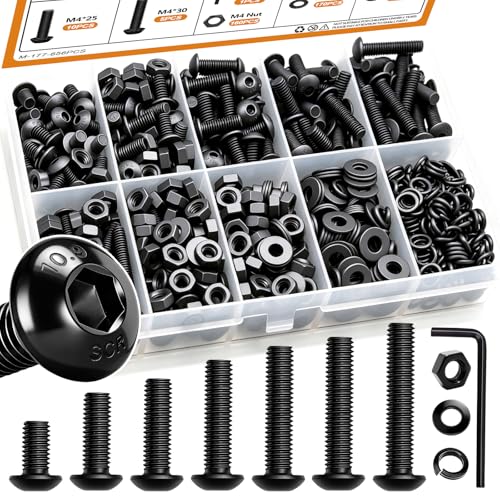 mankk 656PCS M4 Screws Assortment Kit Machine Screws with Nuts Washers M4 x 6/8/10/12/16/20/25/30mm 10.9 Alloy Steel Button Head Socket Cap Screws - size: M4, style: Button Head