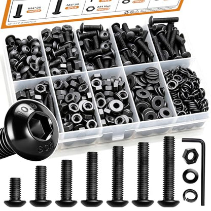 mankk 656PCS M4 Screws Assortment Kit Machine Screws with Nuts Washers M4 x 6/8/10/12/16/20/25/30mm 10.9 Alloy Steel Button Head Socket Cap Screws - size: M4, style: Button Head