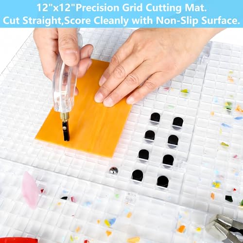 Stained Glass Cutting Mat, Solid Bottom Plastic Grid, 12"x12", Includes Rubber Pads, Breaker Ball, Non-Slip Grip Rings, Ideal for Stained Glass Artists, Hobbyists (Clear-1 PACK) - color: Clear-1 Pack