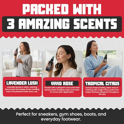 Shoe Deodorizer Spray - Shoe Refresher: Lavender Lush, Vivid Rose & Tropical Citrus - Shoe Odor Eliminator for Sneakers, Gym Bags & Lockers - Women’s Deodorant Spray by Combat Cleaner