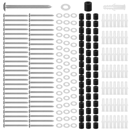 200Pcs/50 Sets Stainless Steel Pegboard Mounting Kit Contains Screws, Anchors, Spacers and Washers, Wall Peg Board Installation Kit for 1/4 Inch Pegboard, Silver