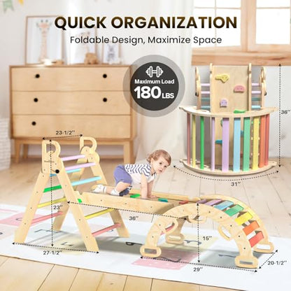 BlueWood Pikler Triangle Set with Safe Handle, Climbing Toys for 1-3 Year | Foldable 7-in-1 Montessori Toddler Climbing Toys Indoor, Wooden Pickler Climbing Set, Baby Jungle Gym & Playground, Rainbow - color: Rainbow