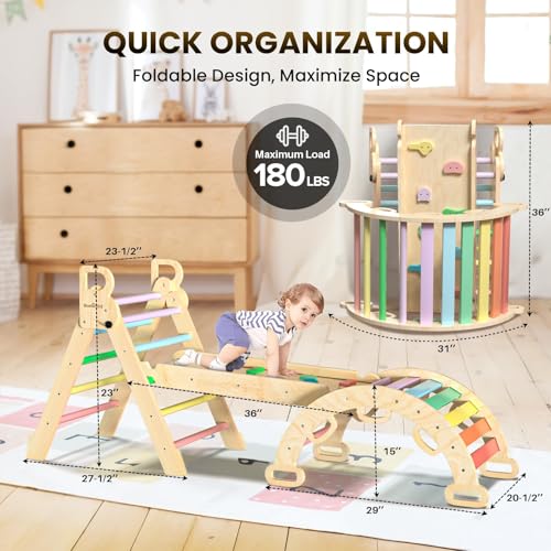 Pikler Triangle Set with Safe Handle, Climbing Toys for 1-3 Year | Foldable 7-in-1 Montessori Toddler Climbing Toys Indoor, Wooden Pickler Climbing Set, Baby Jungle Gym & Playground, Rainbow - color: Rainbow