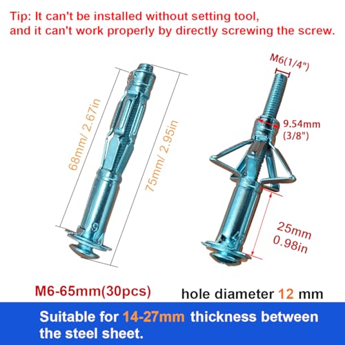 30 Pcs Zinc Plated Steel Molly Bolts Hollow Drive Wall Anchors Screws Set | M6*65 Hollow-Wall Anchors Drywall for(0.55"-1.06"),Holds Up to 65 Lbs,Perfect for TVs,Curtain Rods,Picture frame - size: M6*65