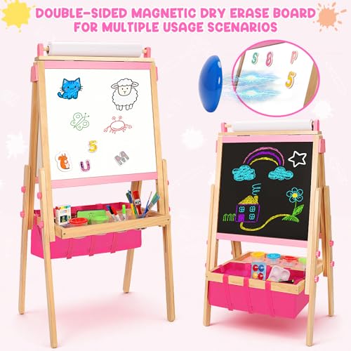 Wooden Easel for Kids, All-in-ONE Adjustable Easel with Art Supplies, Magnetic Double Sided Whiteboard & Chalkboard, Ideal Christmas, Birthday Gift for Boys & Girls Age 3, 4, 5, 6, 7, 8+ Years Old