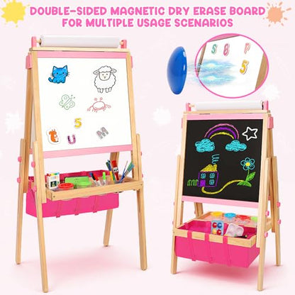 Wooden Easel for Kids, All-in-ONE Adjustable Easel with Art Supplies, Magnetic Double Sided Whiteboard & Chalkboard, Ideal Christmas, Birthday Gift for Boys & Girls Age 3, 4, 5, 6, 7, 8+ Years Old