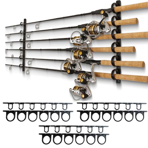 Rush Creek Creations Set of 3 Adaptable 6, 12, 18, or 24-Rod Horizontal Wall-Mount Fishing Pole Holders, Ceiling or Wall Fishing Rod Racks for Garage, Fits Most 0.12" to 0.75" Diameter Rods - size: Three Pack