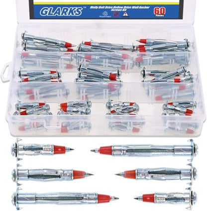 Glarks 60Pcs Heavy Duty 1/8 inch 35/46/59mm Zinc Plated Steel Molly Bolt Drive Hollow Drive Wall Anchor Screws Assortment Kit - size: 1/8SDx35mm, 1/8SDx46mm, 1/8SLDx59mm Kit