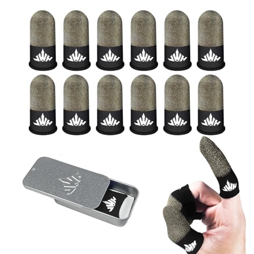 Jwh 12 Pack Mobile Phone Gaming Accessories Thumb Finger Sleeves Storage Box 0.15 Ultra Thin Pure Silver Fiber Silky Sensitive Tip Covers Guantes para Dedales Dedos Gamer Profesionales Pubg Glove - color: Black silver（12pack,Storage box）