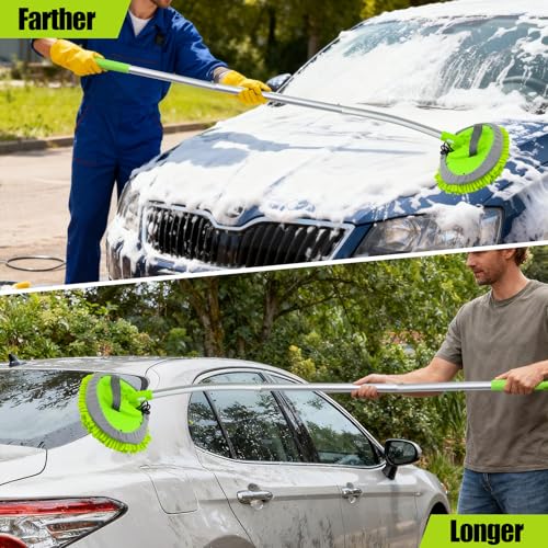 15° Curved Car Wash Brush with Long Handle 43" Extension Cleaning Mop Exterior Interior Carwash Duster 3-Section, 90° Pivoting Extralarge Microfiber Head for Scratch-Free Car, SUV & Truck - color: Green