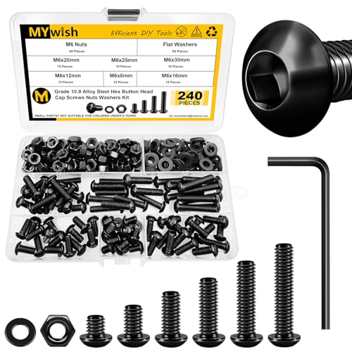 Mywish 240 Pieces M6 Screw Nuts and Bolts Assortment Kit, 10.9 Grade Alloy Steel, Nuts and Bolts Button Head Socket Cap, Flat Washers Hex Wrenches M6*8/12/16/20/25/30mm Black, Fully Threaded - color: Black, size: 240Pcs M6