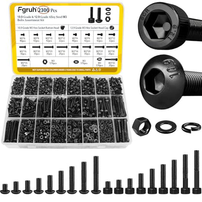 2300PCS M3 Screws with Nuts Assortment Kit, M3x4/6/8/12/16/20/25/30/35 mm Hex Socket Button & Cap Head Bolts Nut and Washers Set, 12.9 & 10.9 Grade Black Zinc Plated for DIY, 3D Printer - size: M3 2300pcs