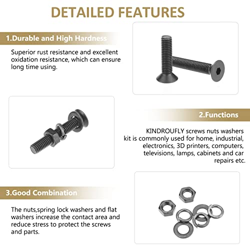 242 Pieces Black M5 x 6/8 /10/12 /16/20 /25mm Countersunk Head Socket Cap Screws Nuts Washers Assortment Kit, 10.9 Grade Alloy Steel - size: M5, style: Countersunk Head