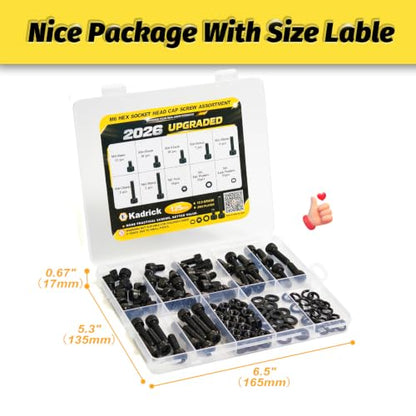 Kadrick M6 Screws Kit 125PCS, Optimized Socket Head Cap Screws Assortment with Higher Screw Ratio, Class 12.9 Alloy Steel, Black Zinc Plated M6 Bolts Nuts & Washers for Mechanical, Repair & DIY Use - size: M6 125Pcs New